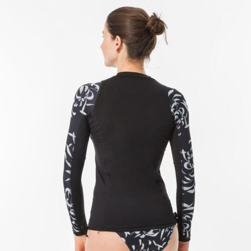CAMISETA ANTIUV UPF50+ MUJER SURF OLAIAN TOP500 AKARU NEGRO CON BLANCO - Imagen 2